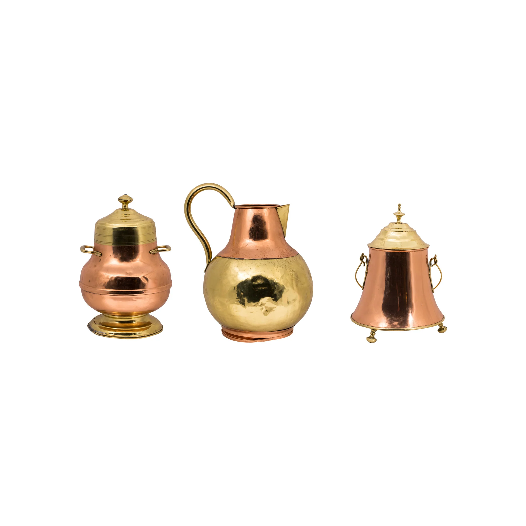 Brass and Copper Pitcher and Kettles