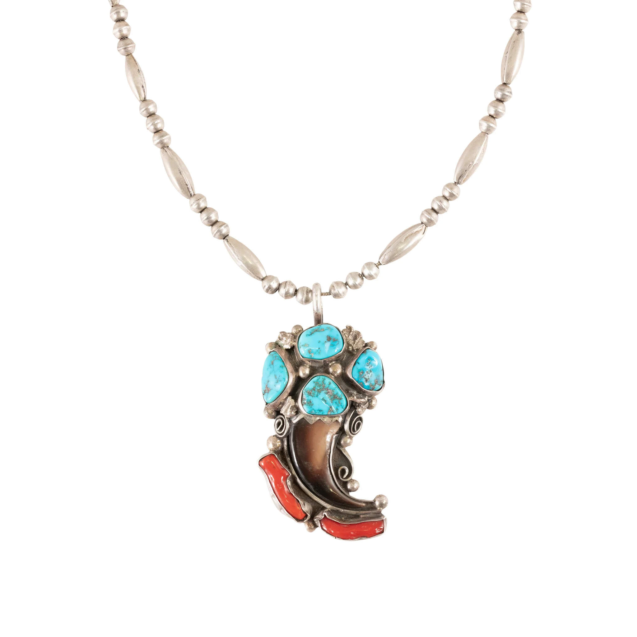 Navajo Turquoise, Coral and Bear Claw Pendant - Image 2
